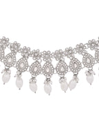 VOJ Silver-Plated CZ Stone And Pearl Necklace With Earrings And Maang Tikka Set