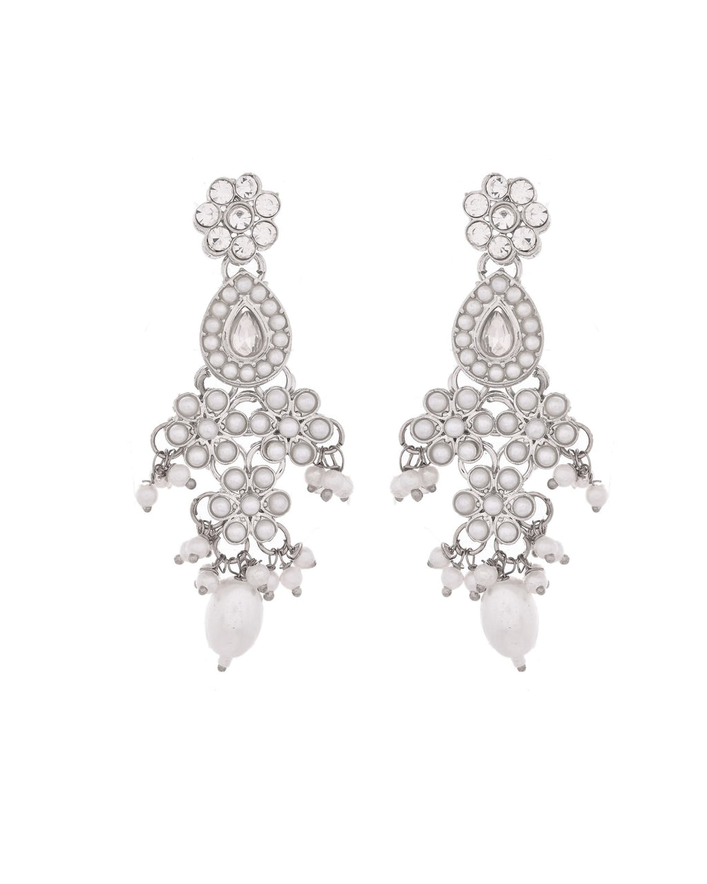 VOJ Silver-Plated CZ Stone And Pearl Necklace With Earrings And Maang Tikka Set