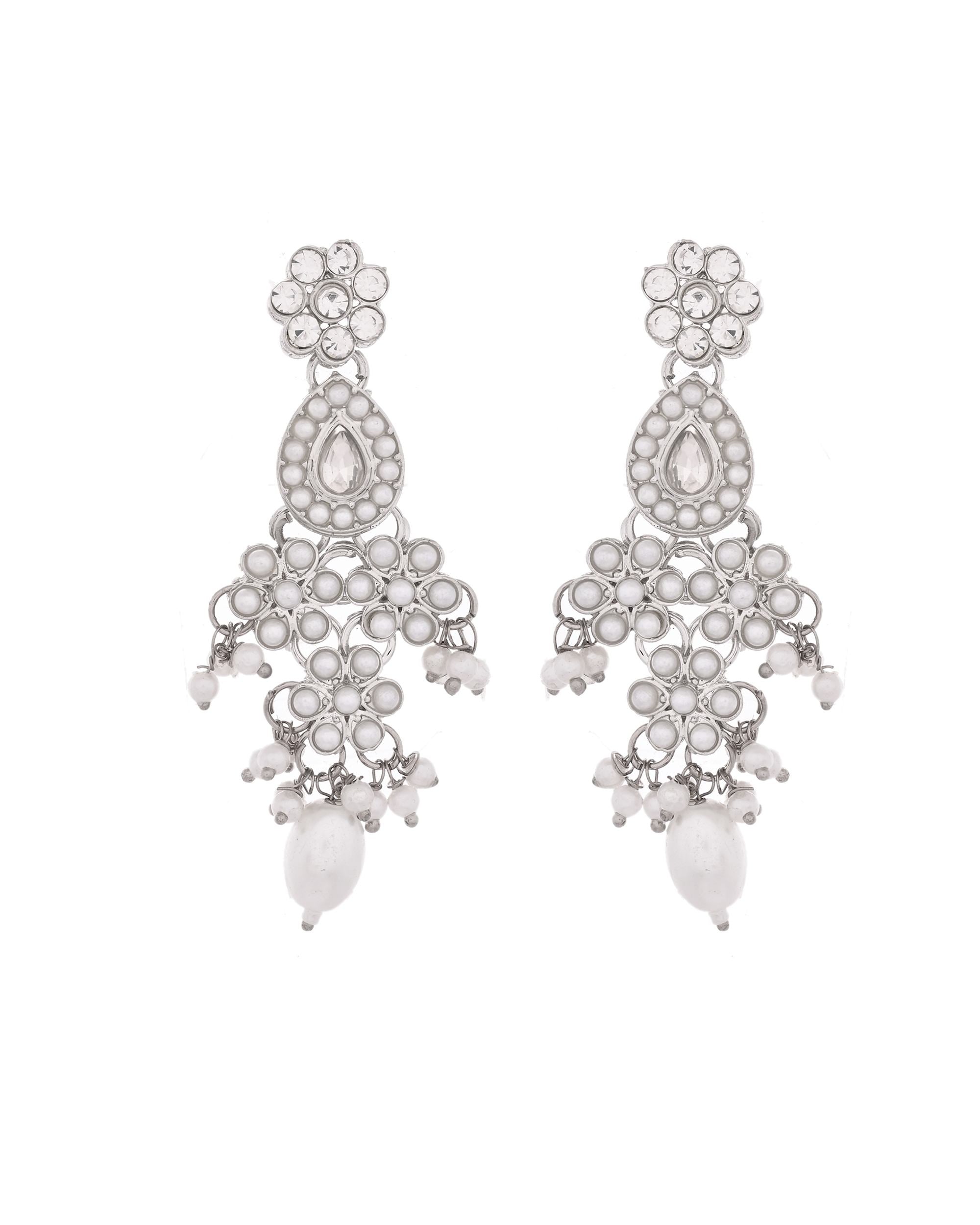 VOJ Silver-Plated CZ Stone And Pearl Necklace With Earrings And Maang Tikka Set