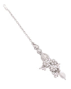 VOJ Silver-Plated CZ Stone And Pearl Necklace With Earrings And Maang Tikka Set