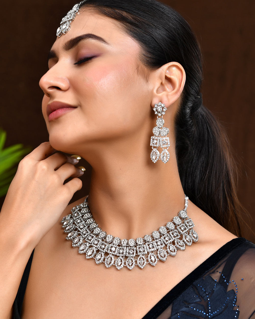 VOJ Silver-Plated AD Stone Studded Necklace With Earrings And Maang Tikka Set