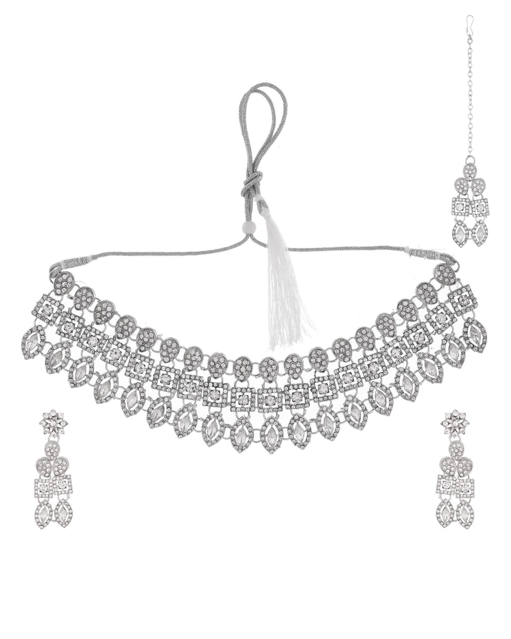 VOJ Silver-Plated AD Stone Studded Necklace With Earrings And Maang Tikka Set