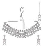 VOJ Silver-Plated AD Stone Studded Necklace With Earrings And Maang Tikka Set