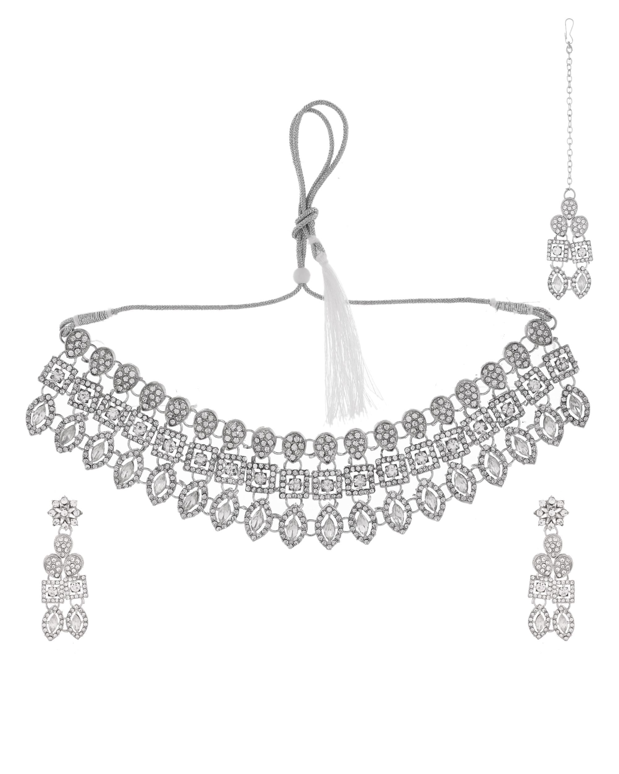 VOJ Silver-Plated AD Stone Studded Necklace With Earrings And Maang Tikka Set