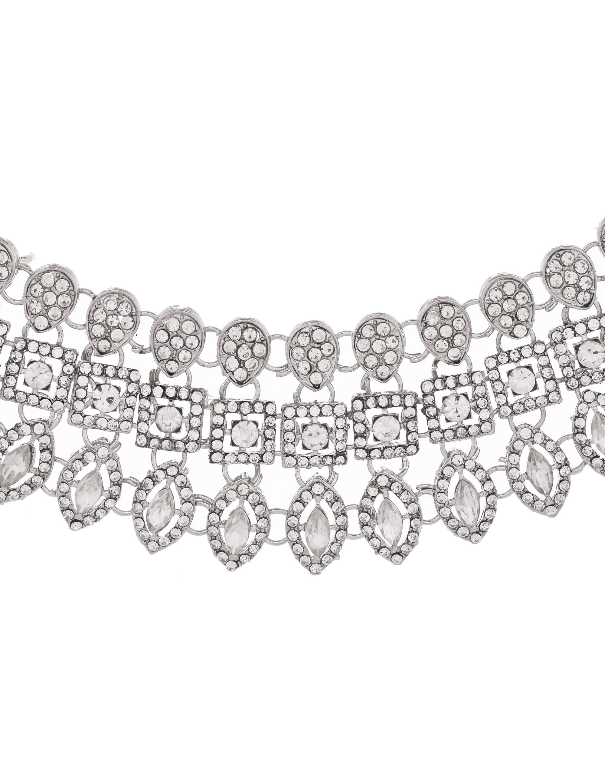 VOJ Silver-Plated AD Stone Studded Necklace With Earrings And Maang Tikka Set