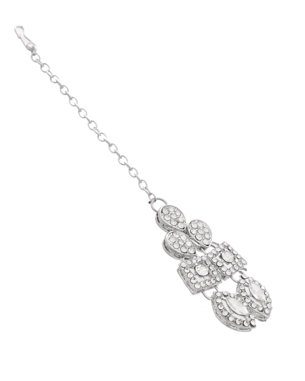 VOJ Silver-Plated AD Stone Studded Necklace With Earrings And Maang Tikka Set