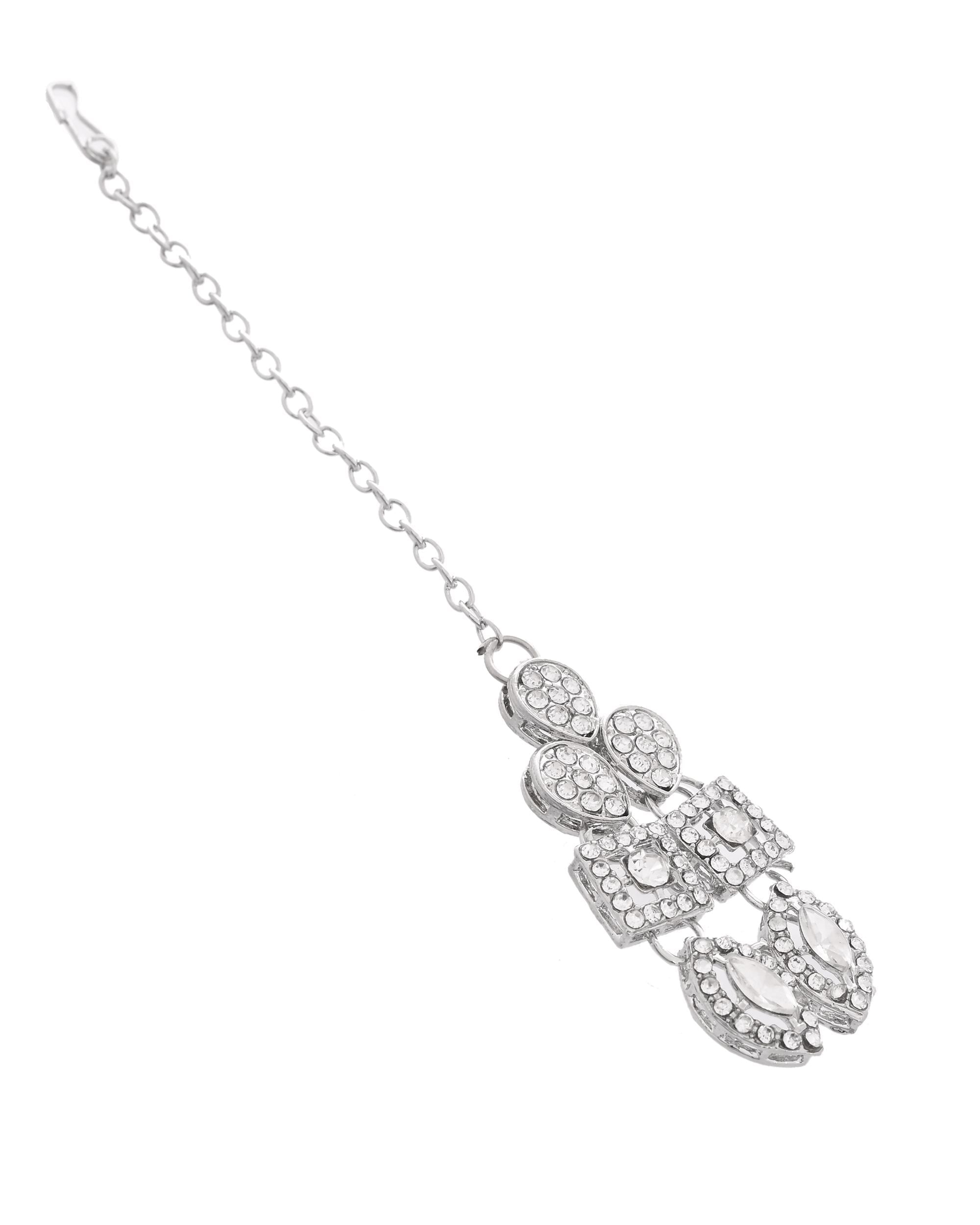 VOJ Silver-Plated AD Stone Studded Necklace With Earrings And Maang Tikka Set
