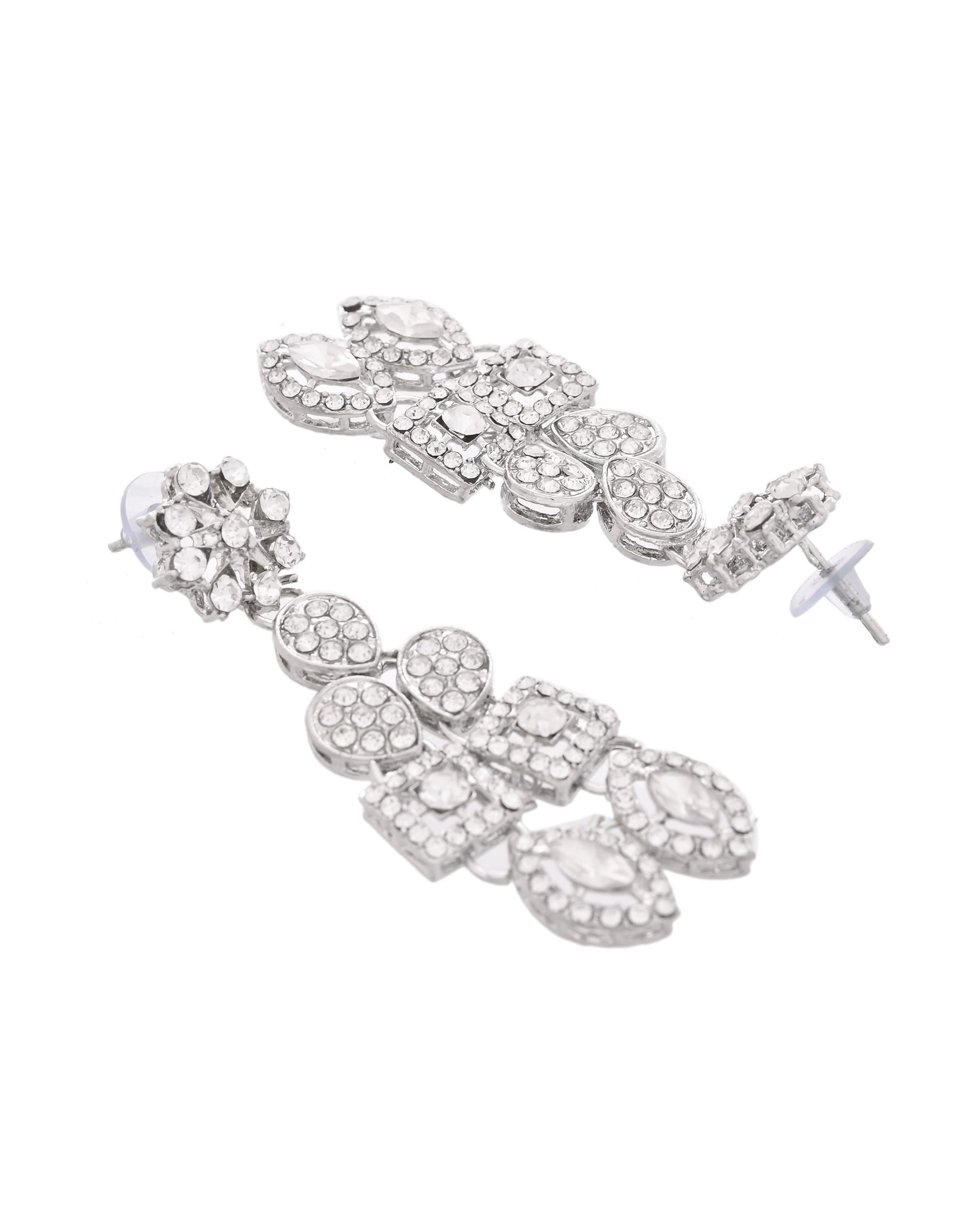 VOJ Silver-Plated AD Stone Studded Necklace With Earrings And Maang Tikka Set