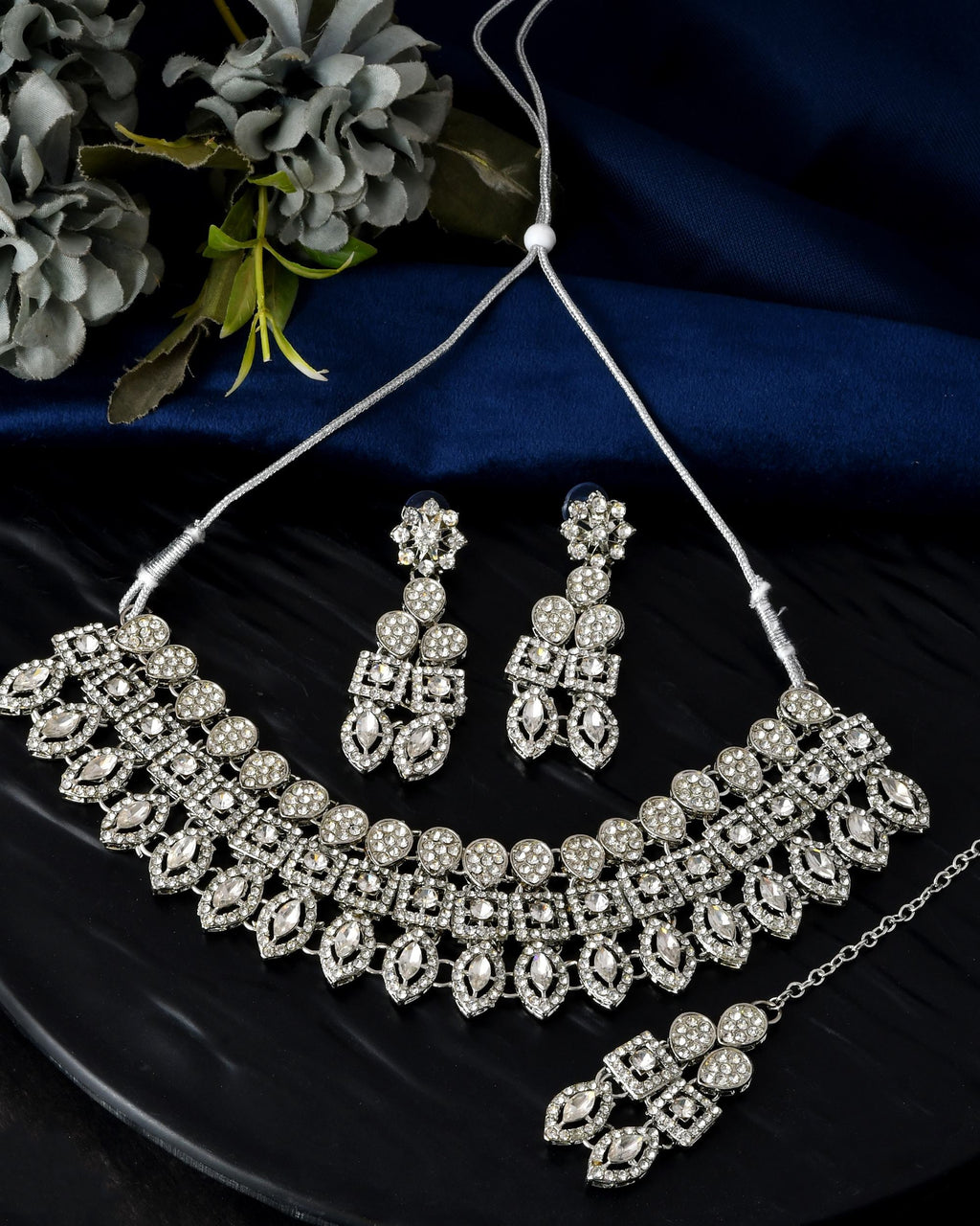 VOJ Silver-Plated AD Stone Studded Necklace With Earrings And Maang Tikka Set
