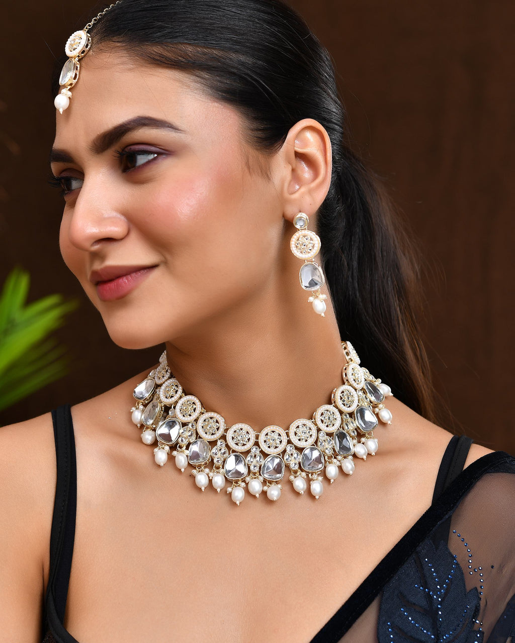 VOJ Gold Polished Artificial Beads And Stone Studded Necklace Set With Maang Tikka
