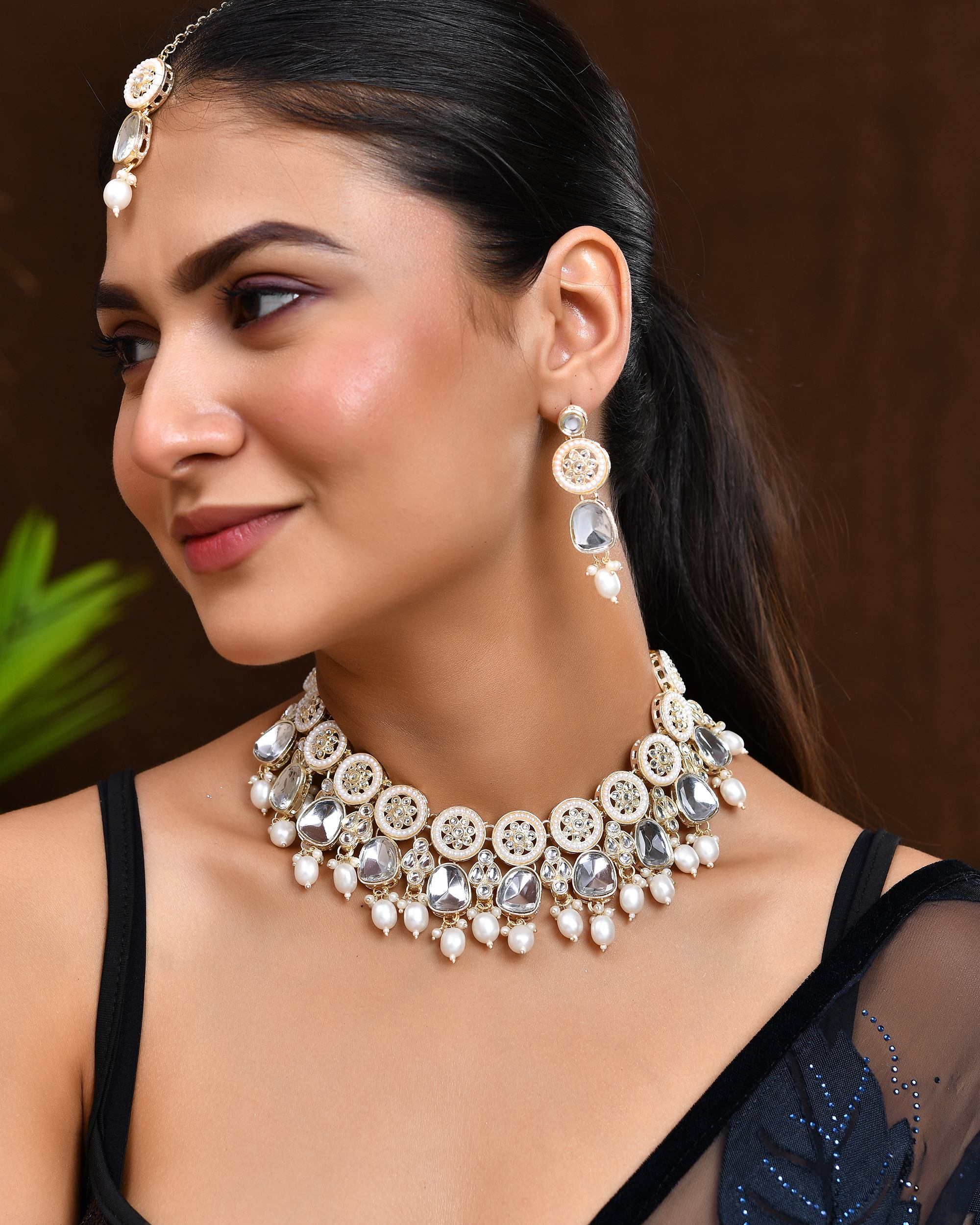 VOJ Gold Polished Artificial Beads And Stone Studded Necklace Set With Maang Tikka