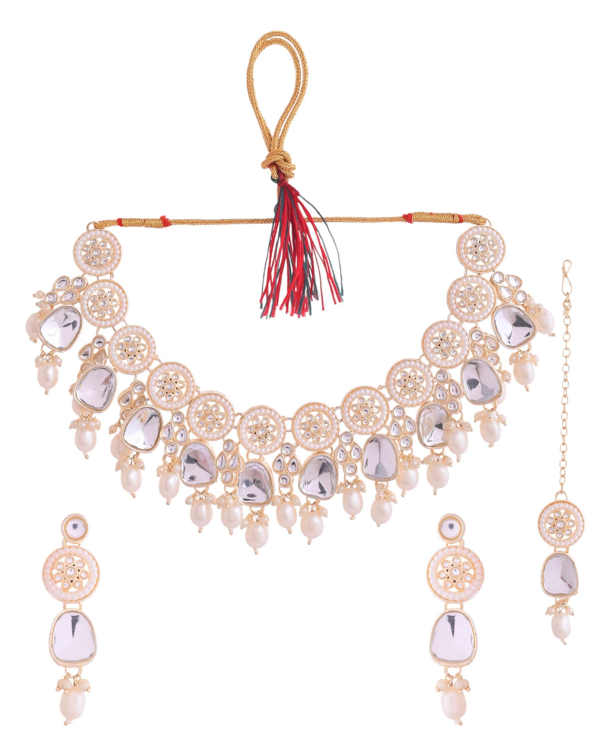 VOJ Gold Polished Artificial Beads And Stone Studded Necklace Set With Maang Tikka
