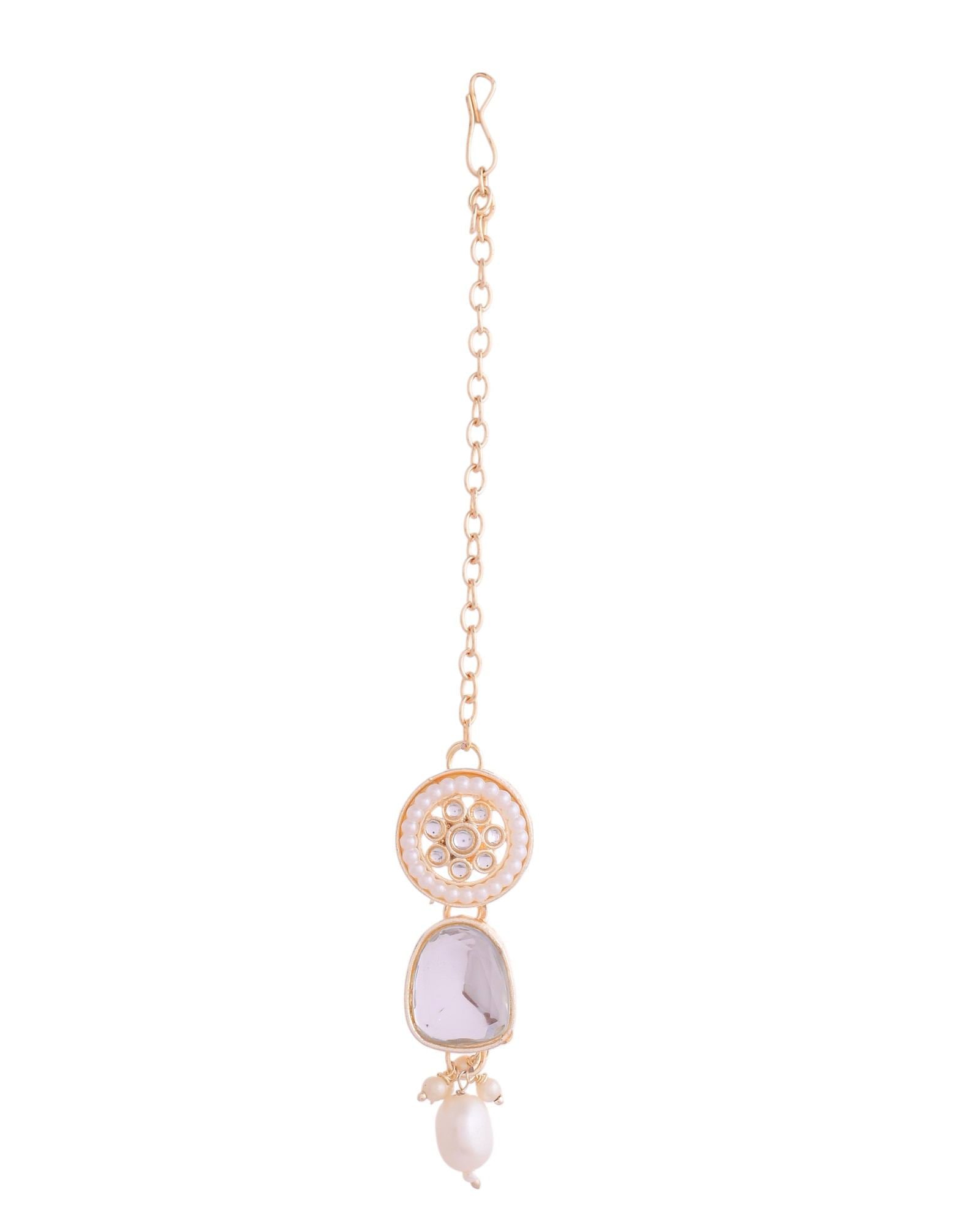 VOJ Gold Polished Artificial Beads And Stone Studded Necklace Set With Maang Tikka