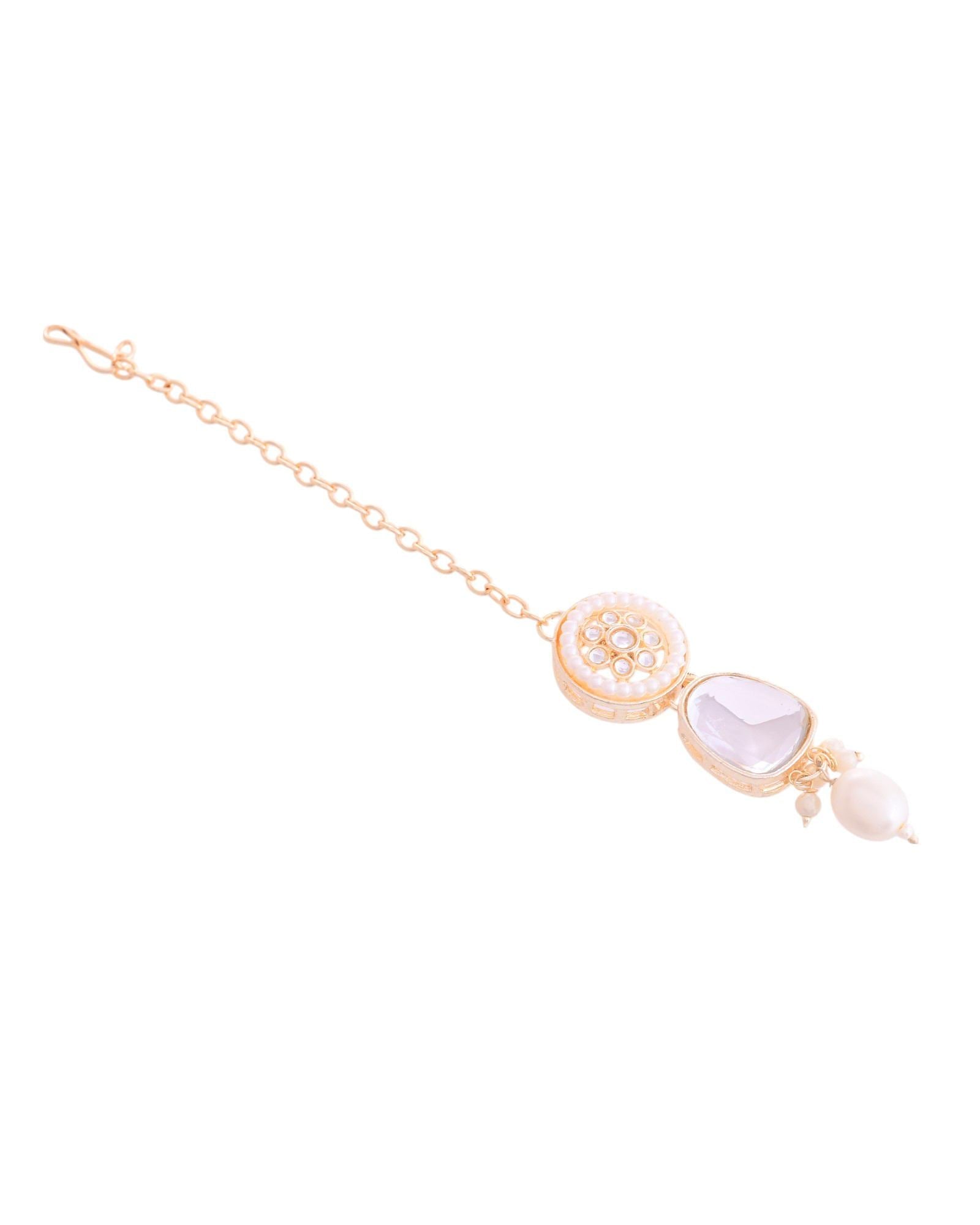 VOJ Gold Polished Artificial Beads And Stone Studded Necklace Set With Maang Tikka