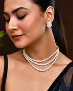 VOJ Gold Polished Artifical Pearl Mutli Layer Necklace And Earrings Set