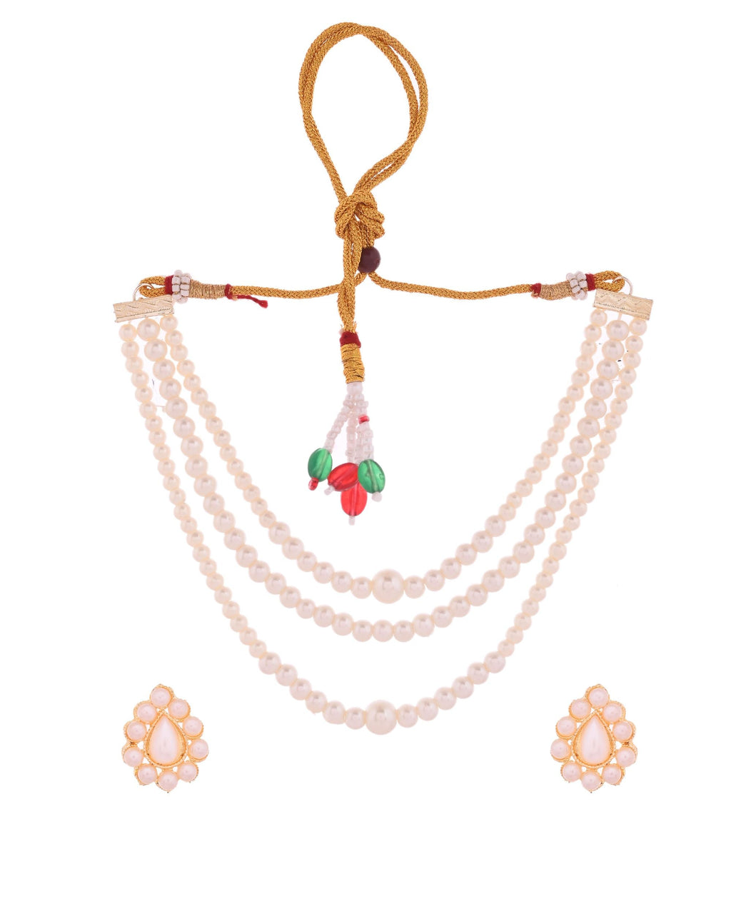 VOJ Gold Polished Artifical Pearl Mutli Layer Necklace And Earrings Set