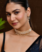 VOJ Gold Polished Artifical Beads And Stone Studded Necklace And Earrings Set