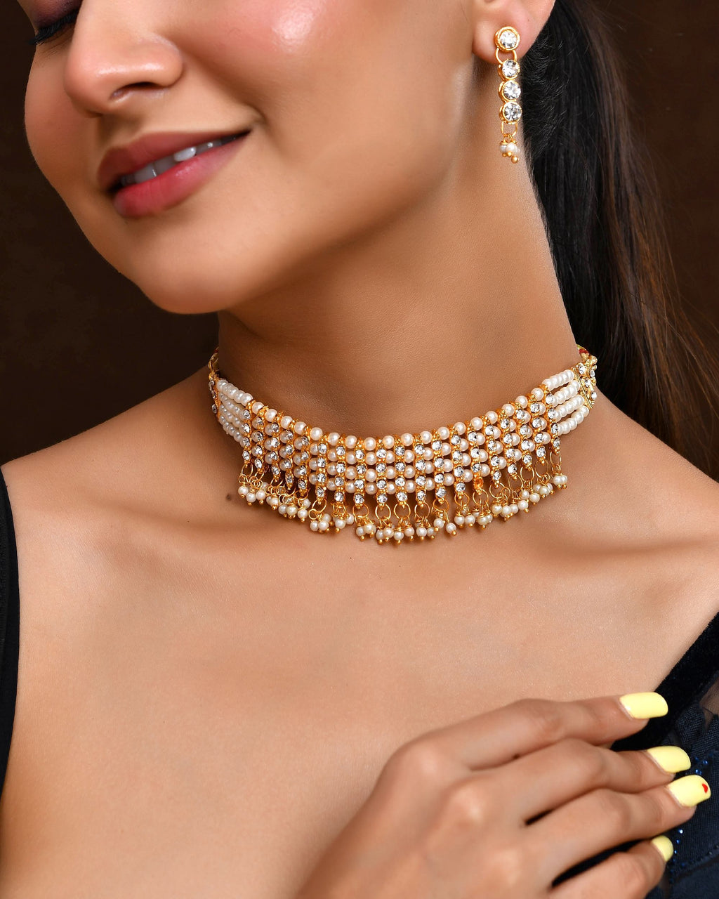 VOJ Gold Polished Artifical Beads And Stone Studded Necklace And Earrings Set