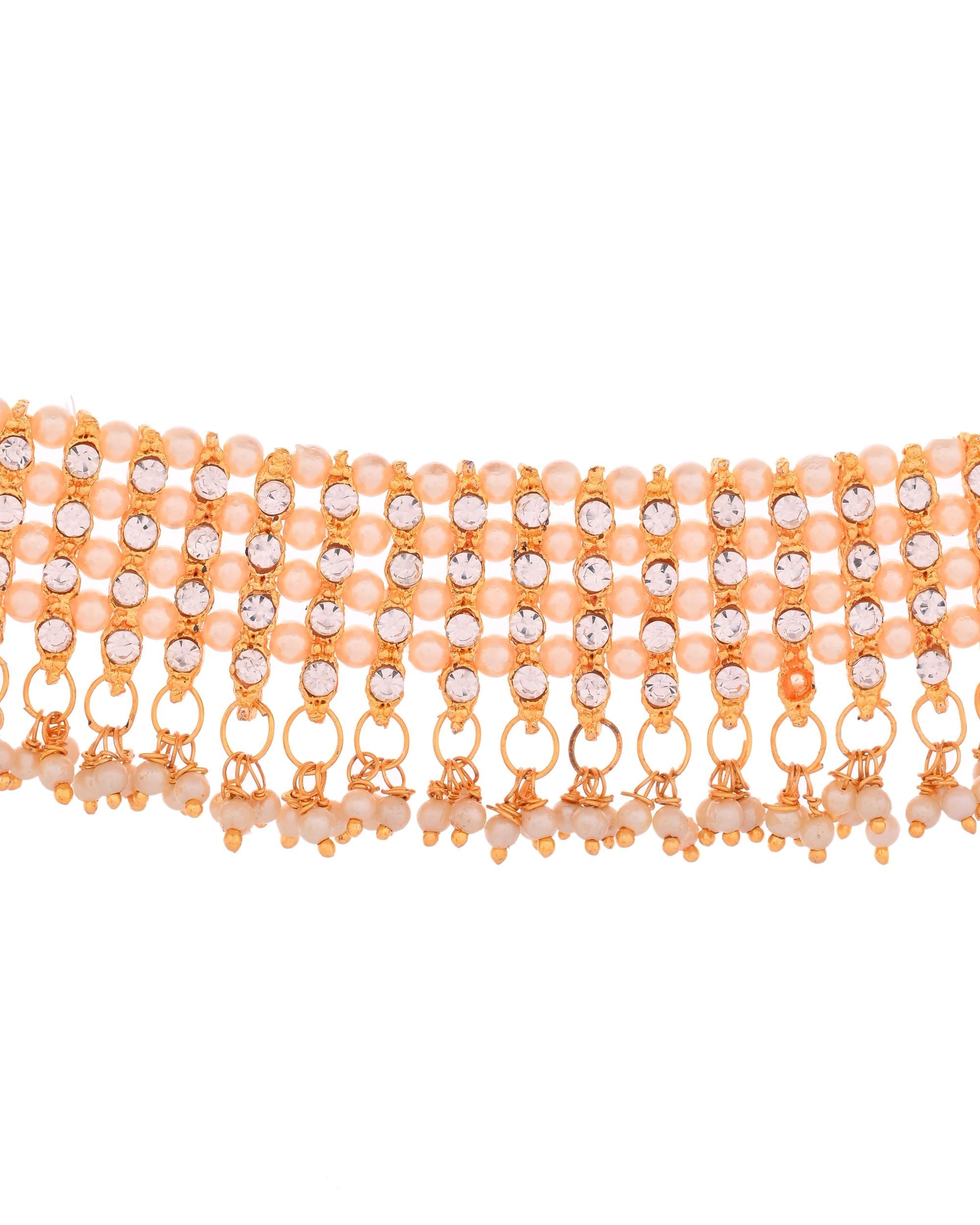 VOJ Gold Polished Artifical Beads And Stone Studded Necklace And Earrings Set