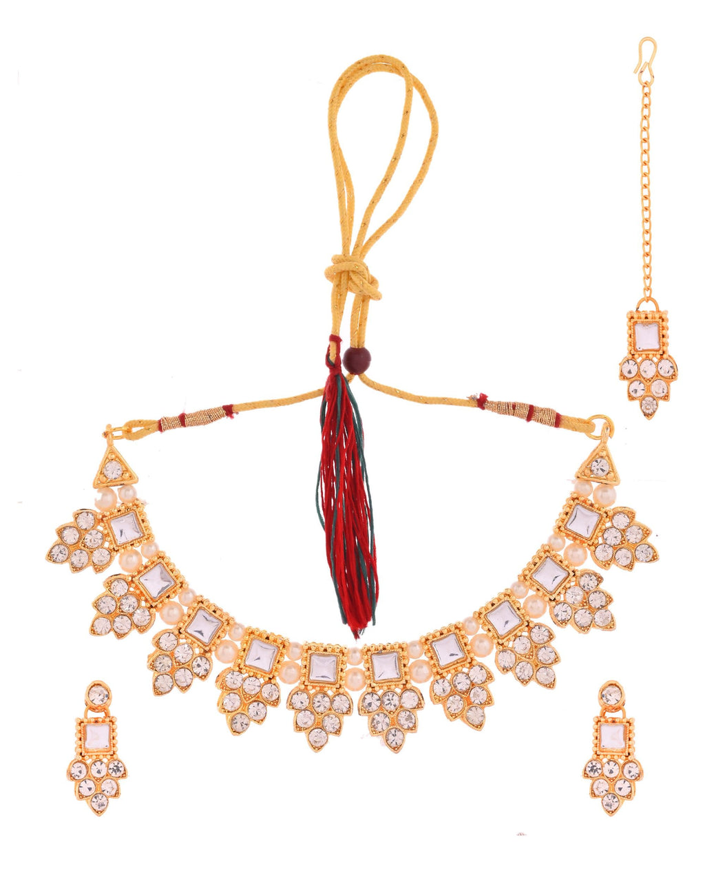 VOJ Gold Polished Stone Studded Necklace Set With Maang Tikka