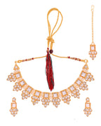 VOJ Gold Polished Stone Studded Necklace Set With Maang Tikka