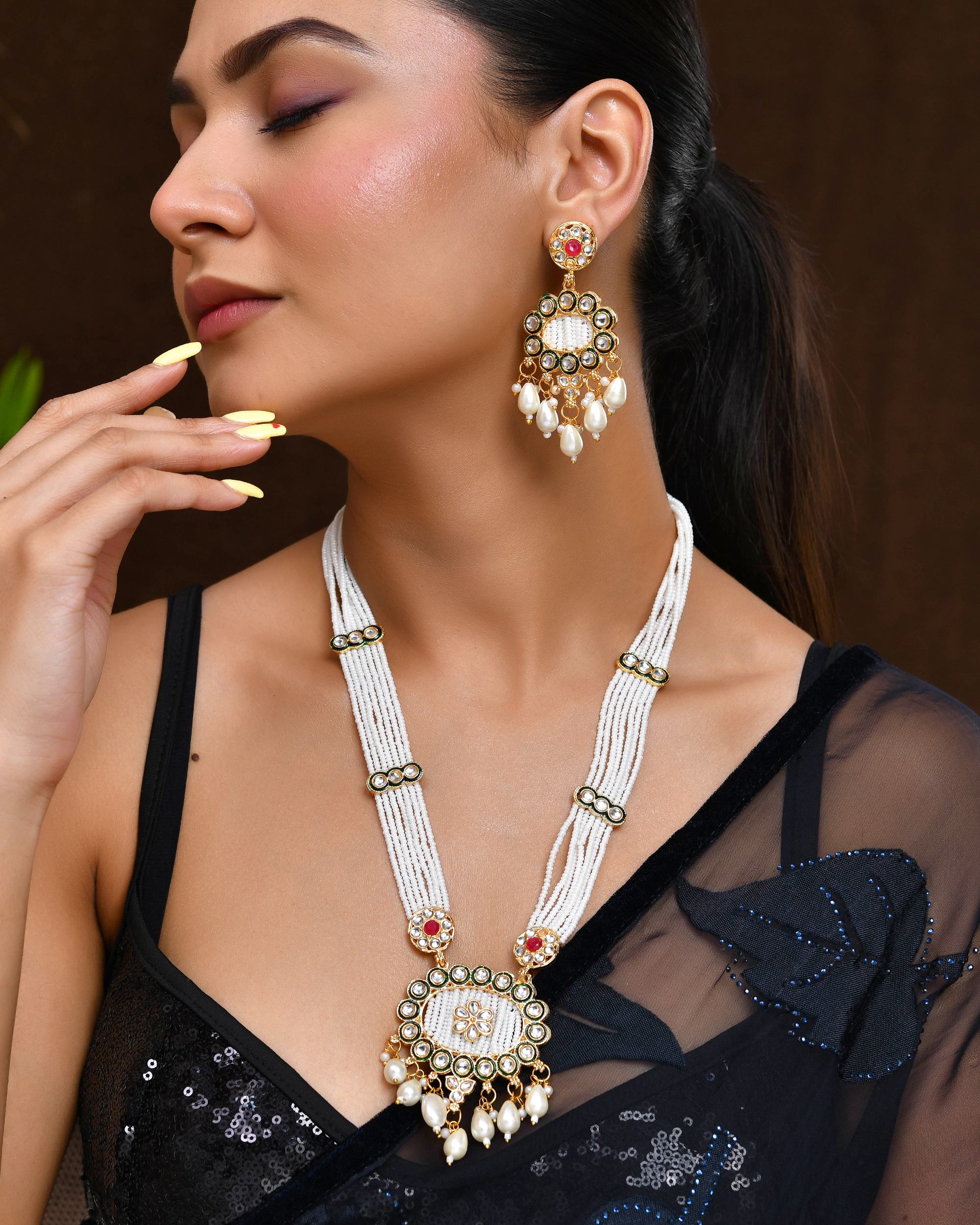 VOJ Gold Toned Artificial Beads Studded Long Necklace And Earrings Set