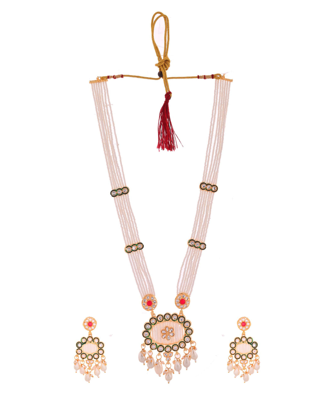 VOJ Gold Toned Artificial Beads Studded Long Necklace And Earrings Set