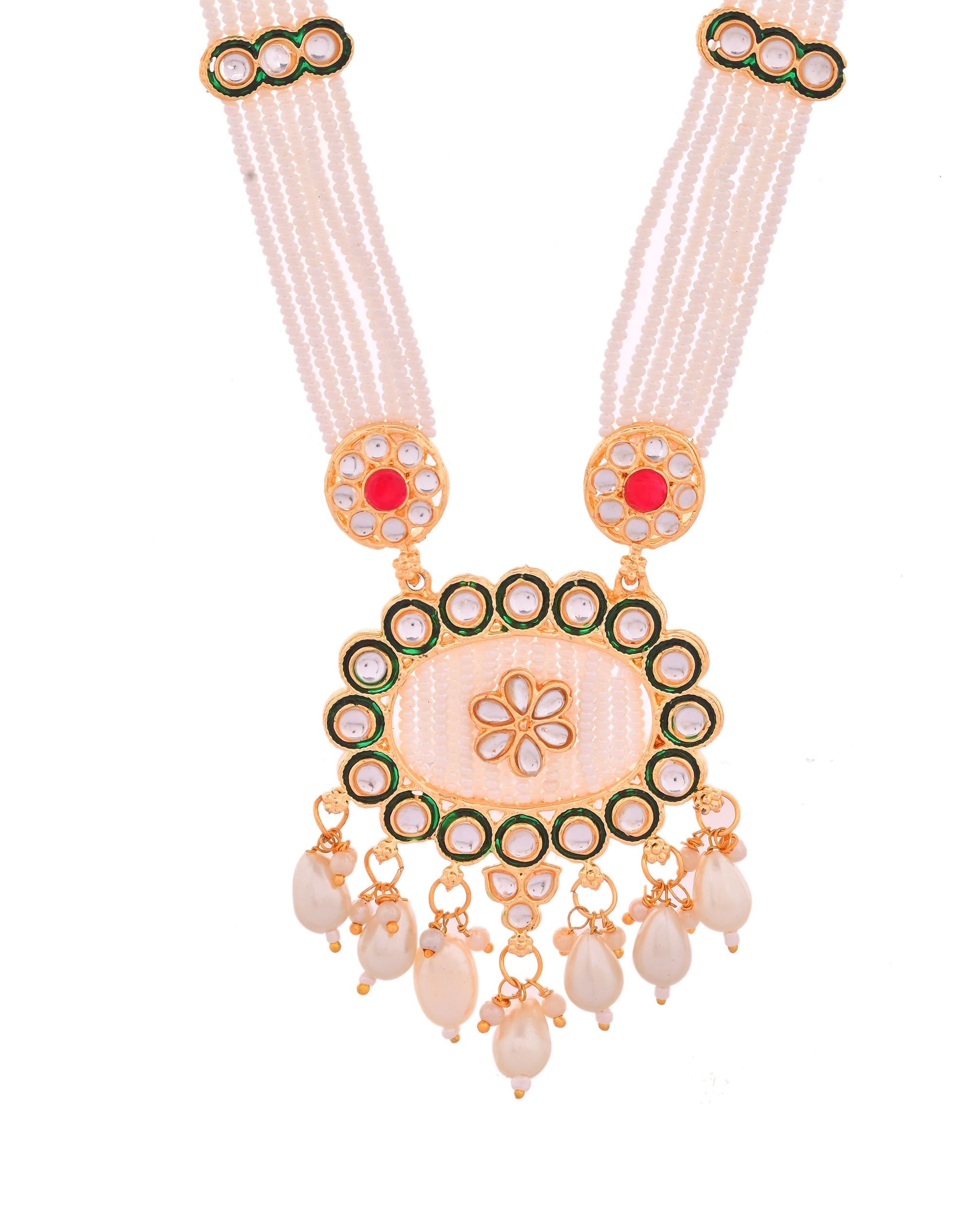 VOJ Gold Toned Artificial Beads Studded Long Necklace And Earrings Set