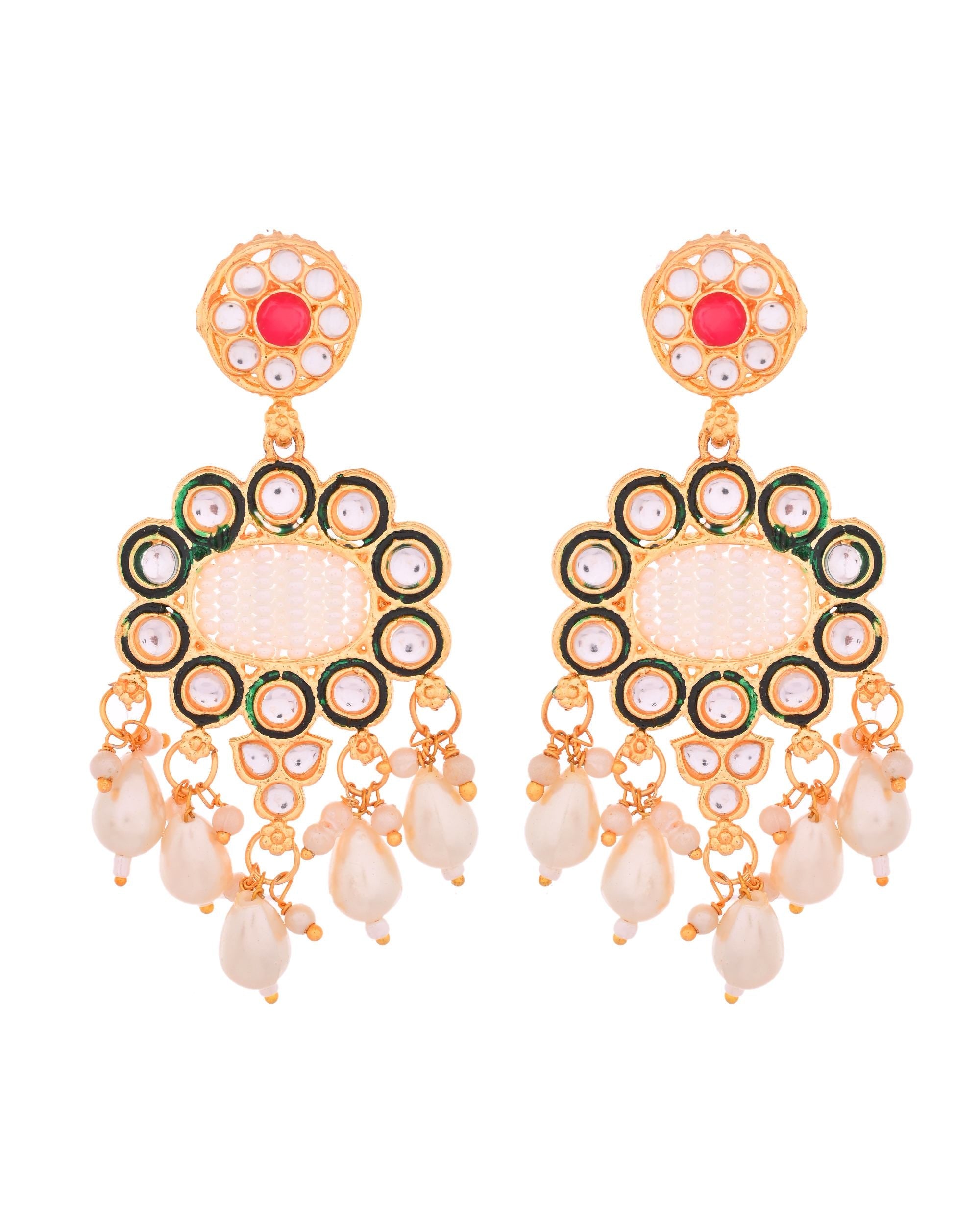 VOJ Gold Toned Artificial Beads Studded Long Necklace And Earrings Set