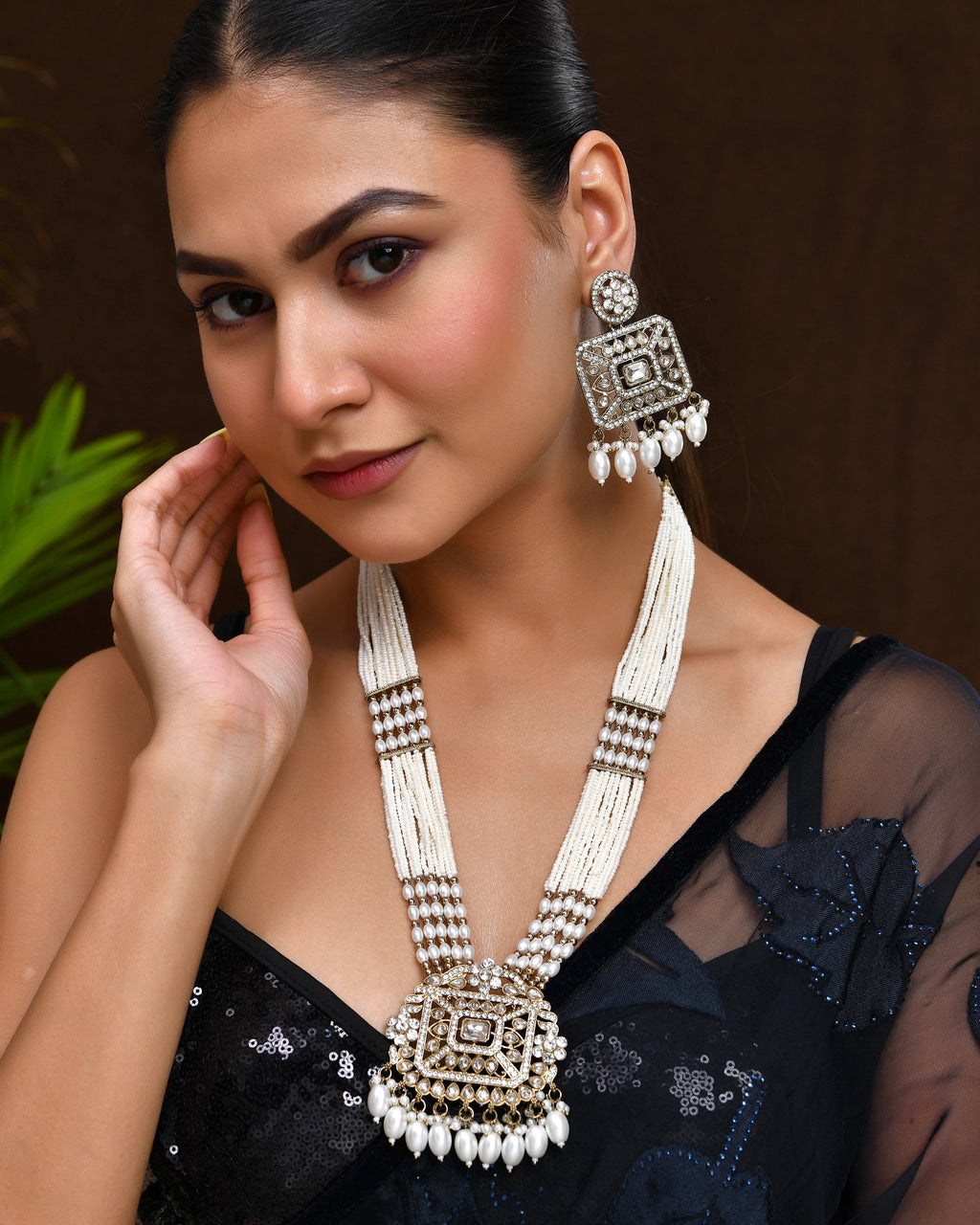 VOJ Copper-Toned Artificial Stone Studded Geometrical Long Necklace And Earrings Set