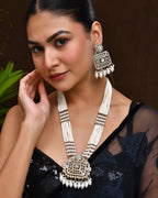 VOJ Copper-Toned Artificial Stone Studded Geometrical Long Necklace And Earrings Set