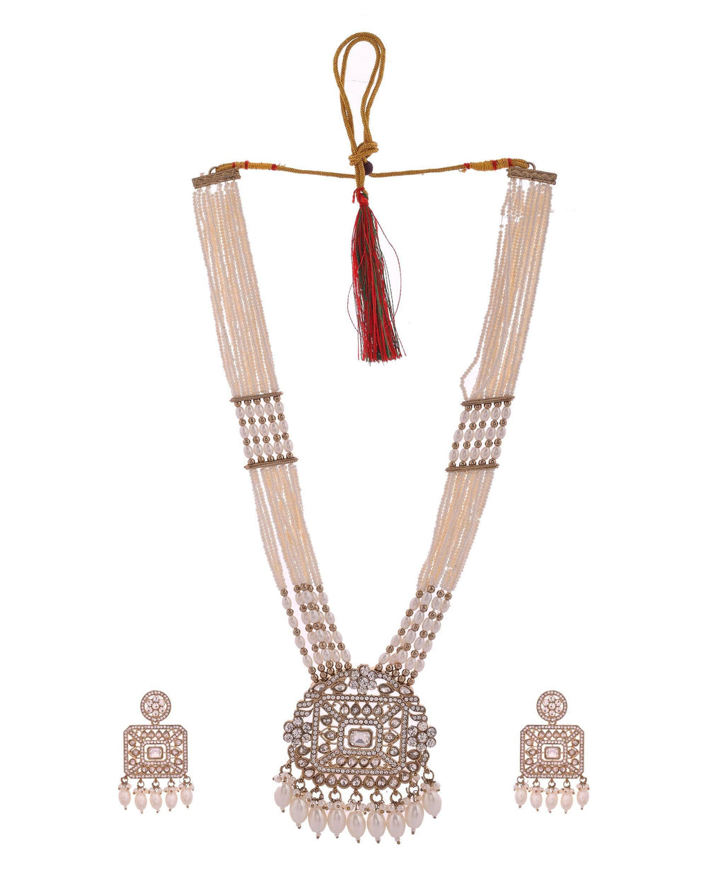 VOJ Copper-Toned Artificial Stone Studded Geometrical Long Necklace And Earrings Set