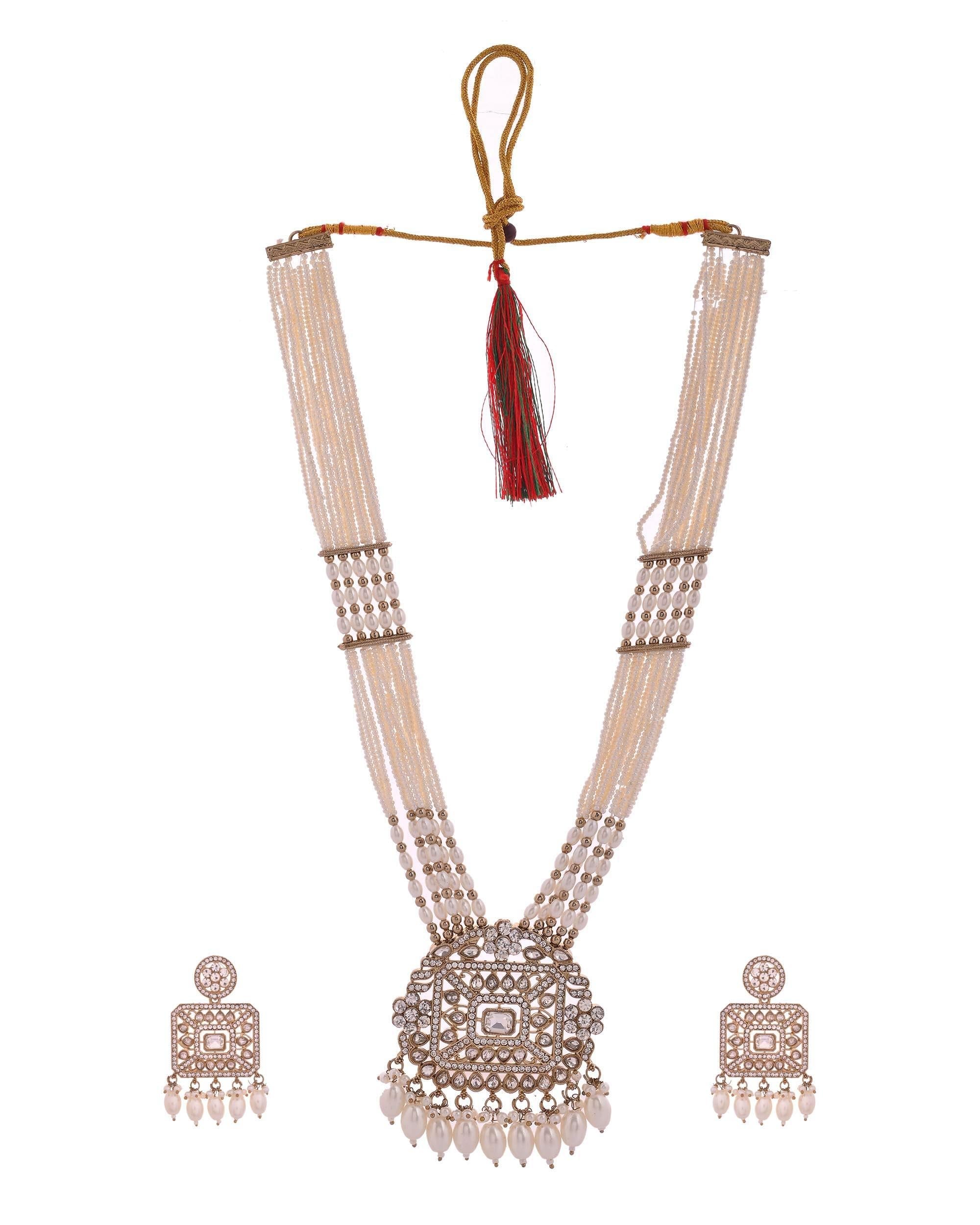 VOJ Copper-Toned Artificial Stone Studded Geometrical Long Necklace And Earrings Set