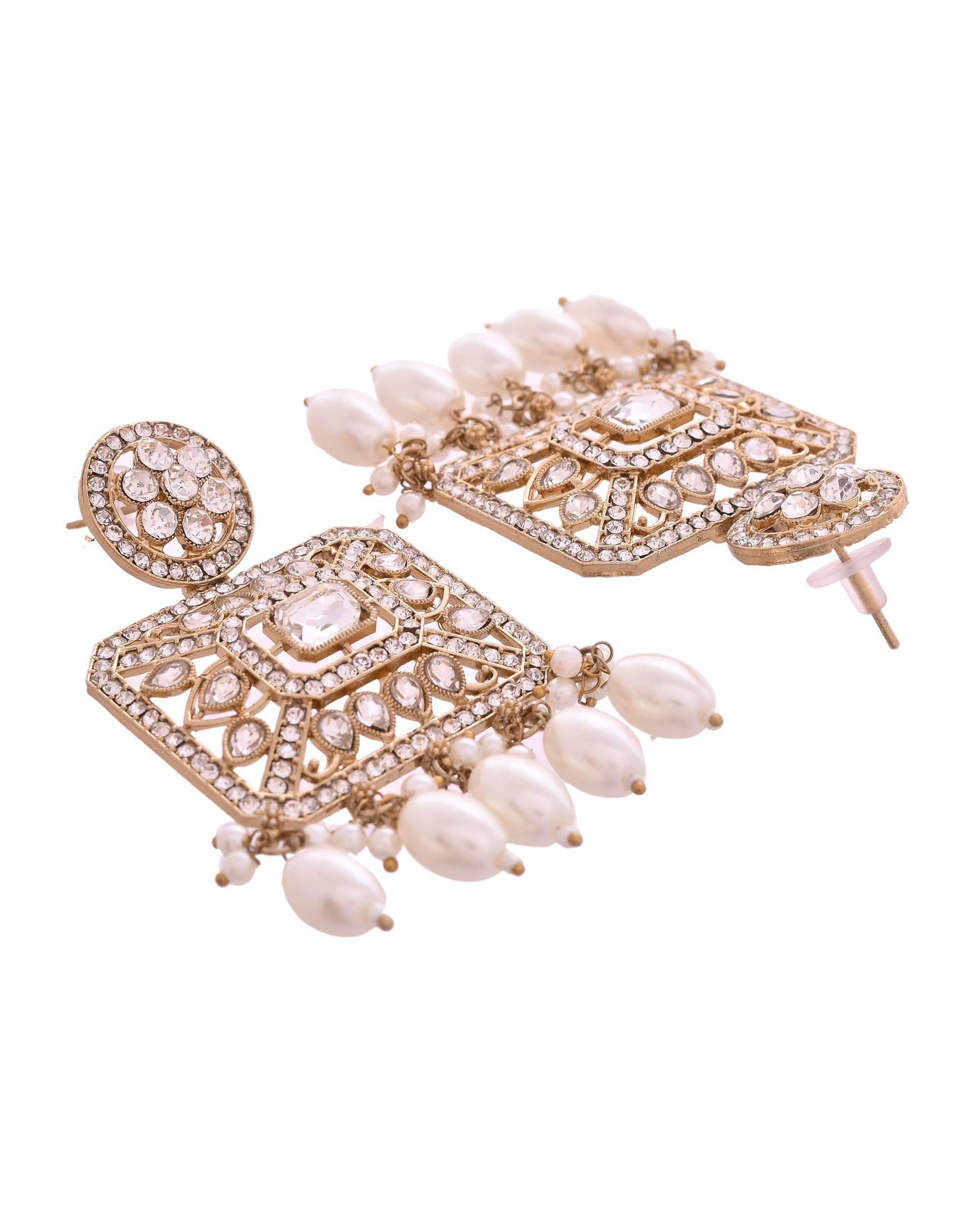 VOJ Copper-Toned Artificial Stone Studded Geometrical Long Necklace And Earrings Set