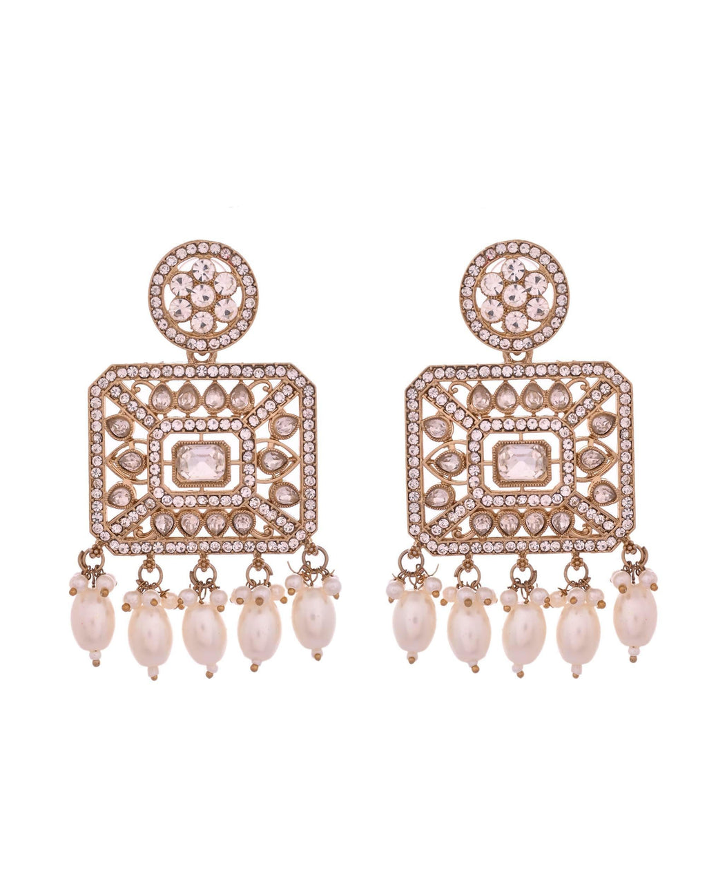 VOJ Copper-Toned Artificial Stone Studded Geometrical Long Necklace And Earrings Set