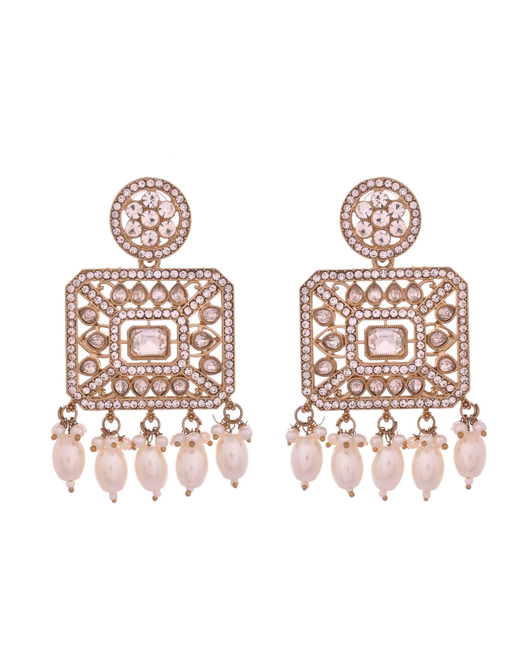 VOJ Copper-Toned Artificial Stone Studded Geometrical Long Necklace And Earrings Set