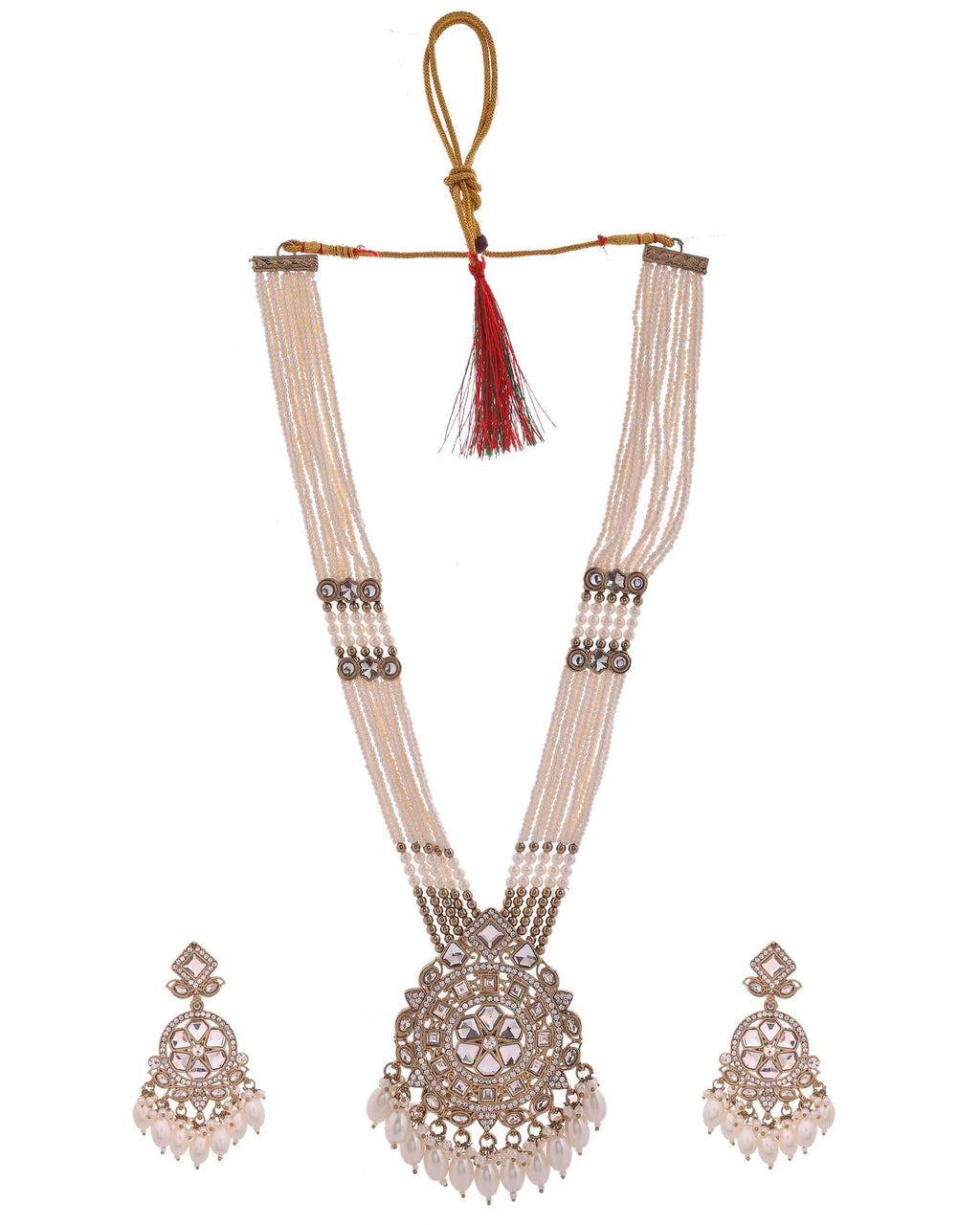VOJ Copper-Toned Artifical Stone Studded Circular Long Necklace And Earrings Set
