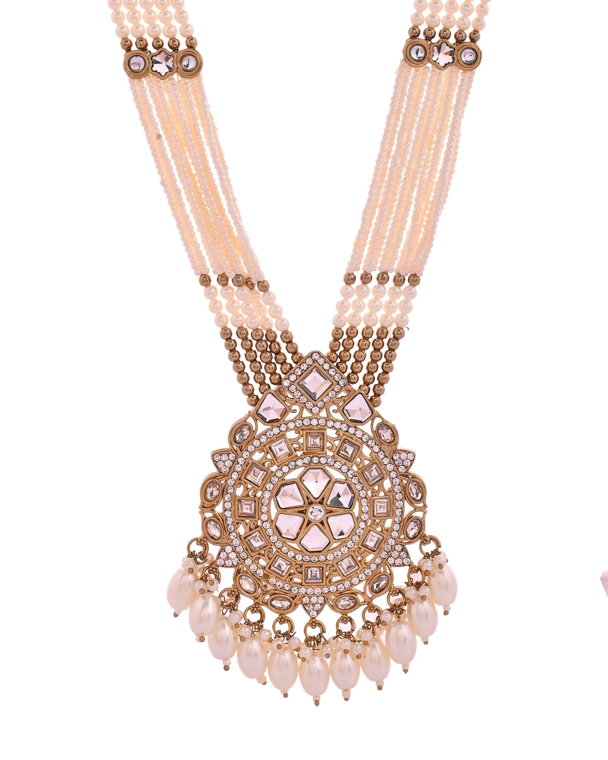 VOJ Copper-Toned Artifical Stone Studded Circular Long Necklace And Earrings Set