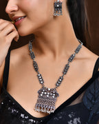 VOJ Oxidized Silver-Plated Stone-Studded Beaded Long Jewellery Set