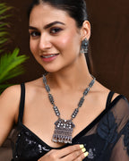 VOJ Oxidized Silver-Plated Stone-Studded Beaded Long Jewellery Set