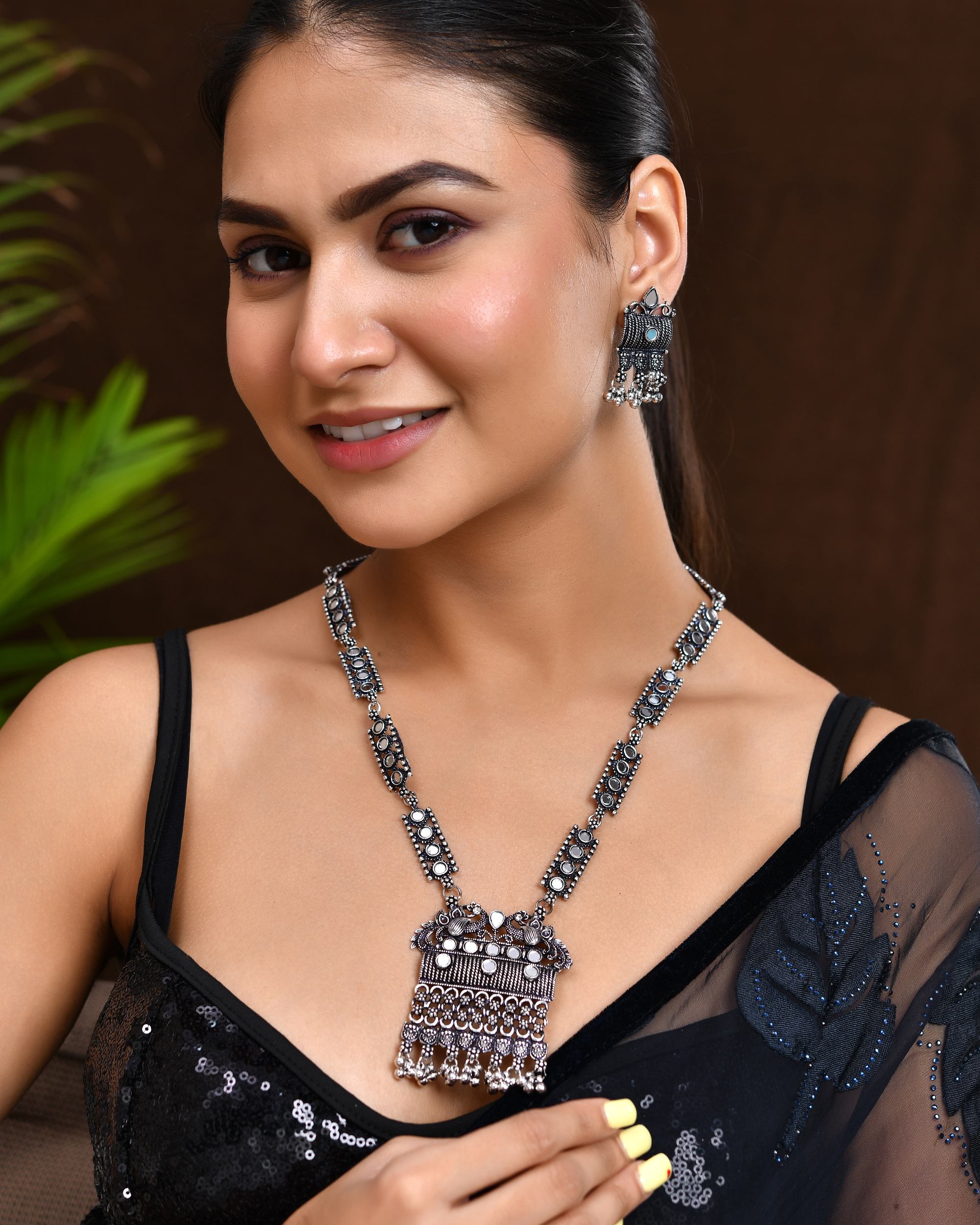 VOJ Oxidized Silver-Plated Stone-Studded Beaded Long Jewellery Set