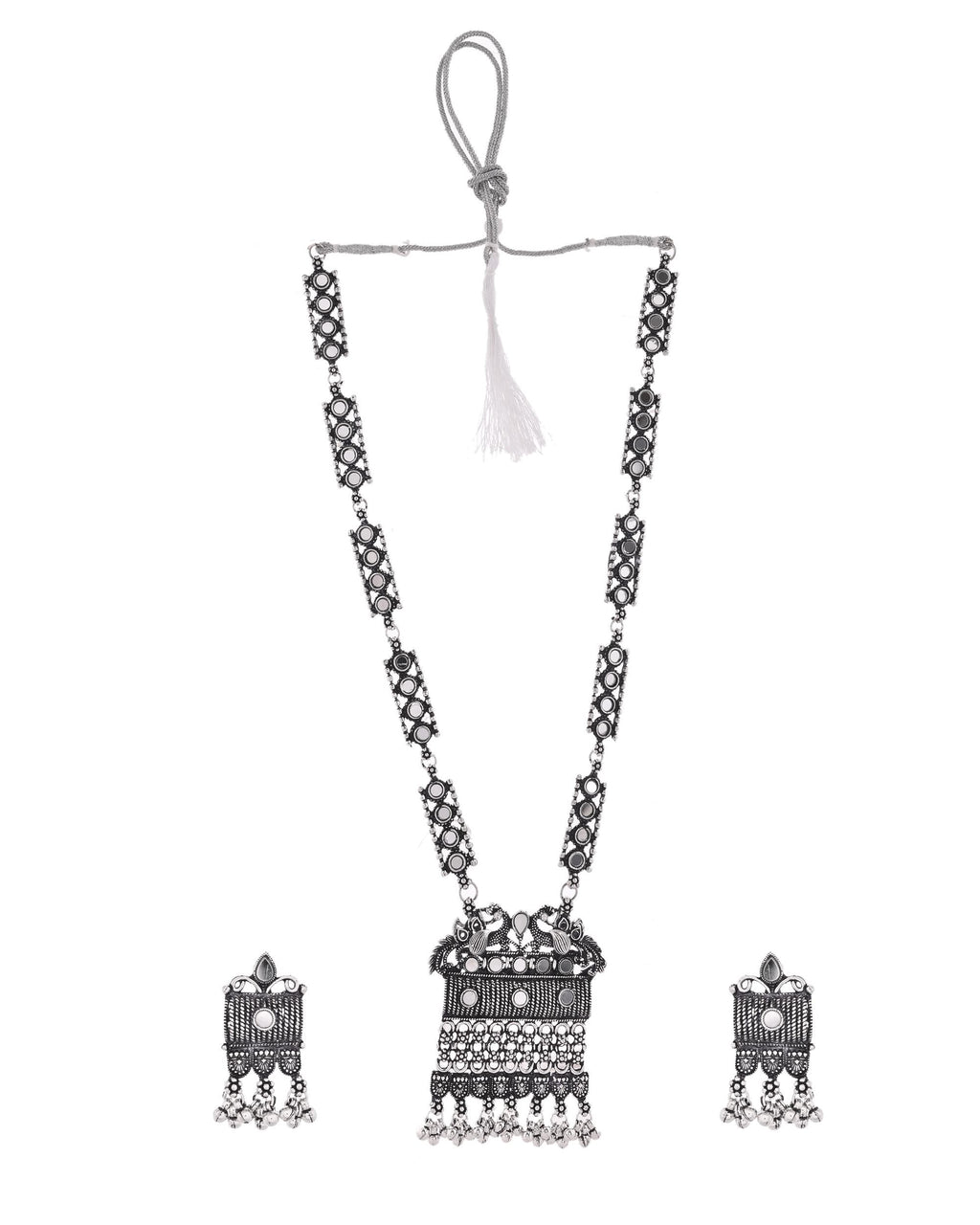 VOJ Oxidized Silver-Plated Stone-Studded Beaded Long Jewellery Set