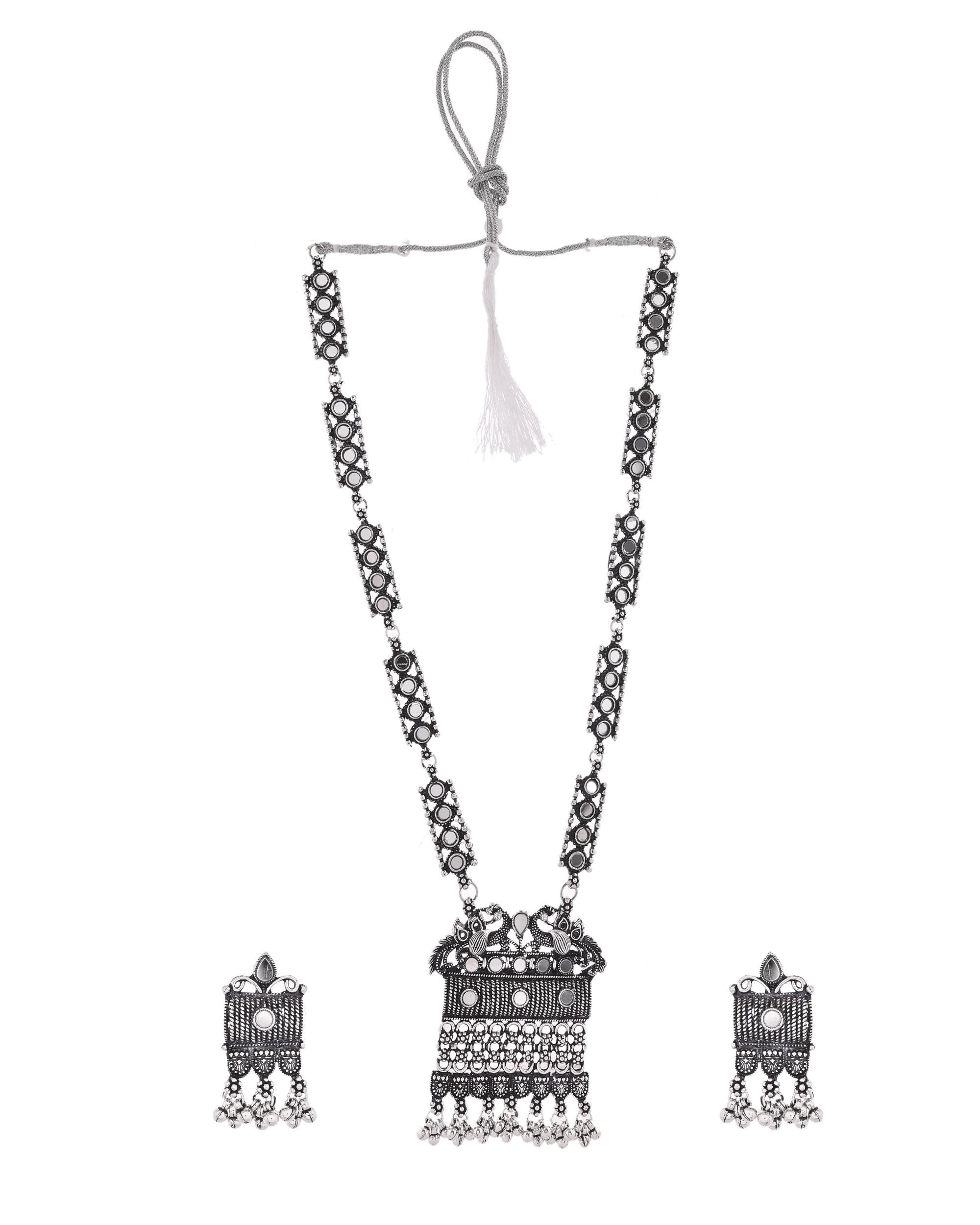 VOJ Oxidized Silver-Plated Stone-Studded Beaded Long Jewellery Set
