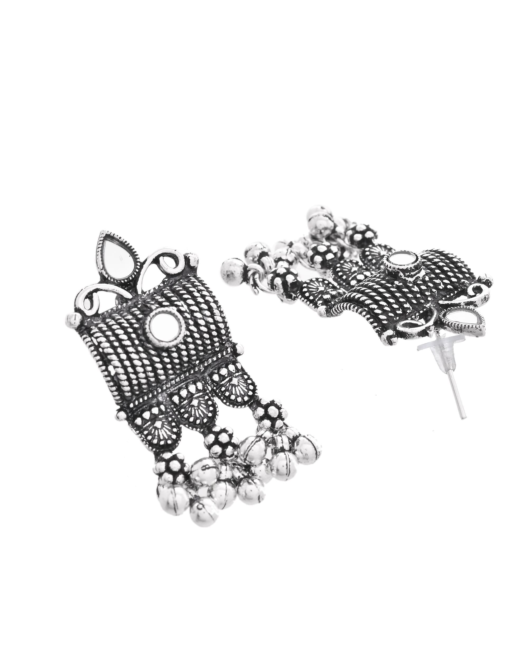 VOJ Oxidized Silver-Plated Stone-Studded Beaded Long Jewellery Set
