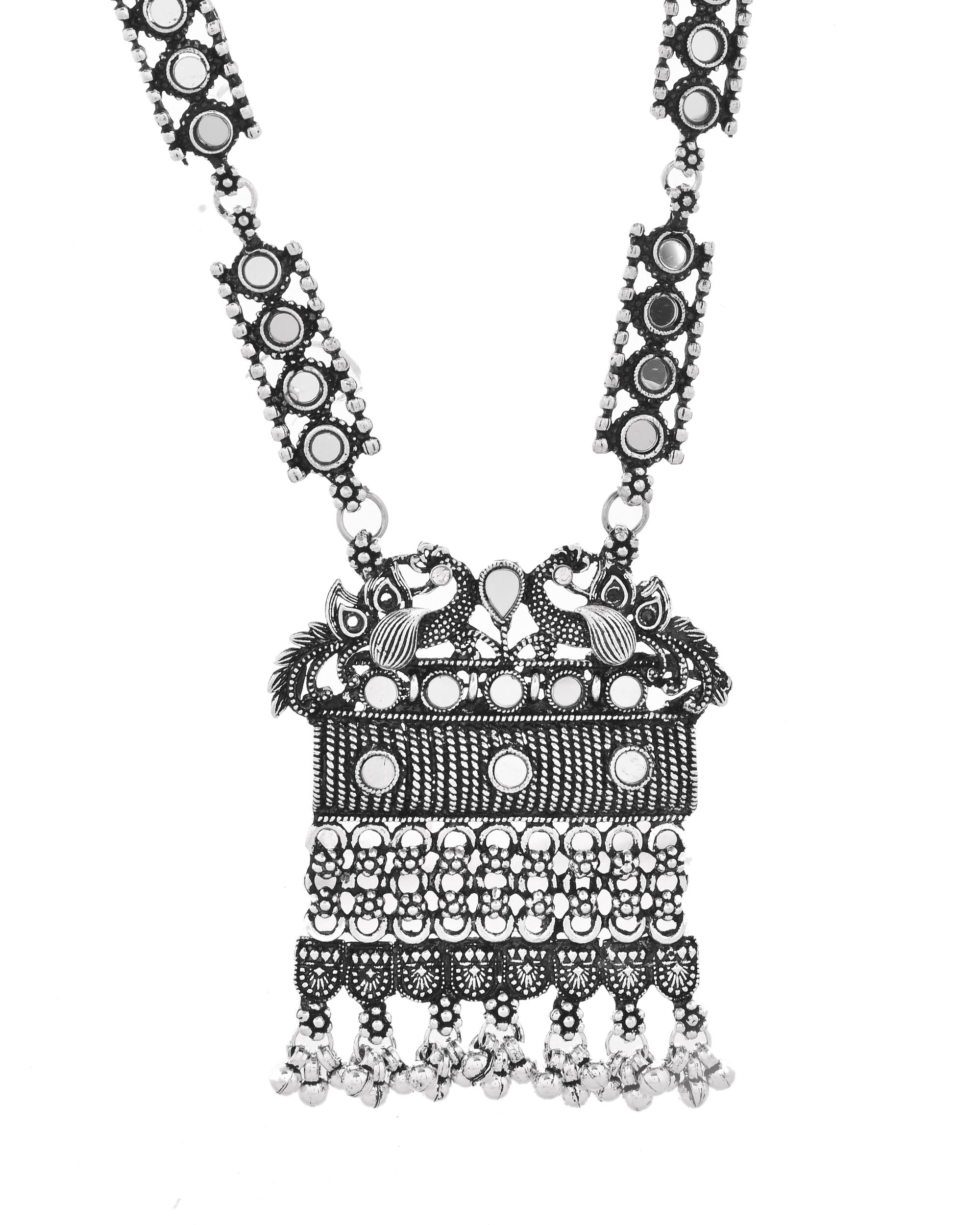 VOJ Oxidized Silver-Plated Stone-Studded Beaded Long Jewellery Set