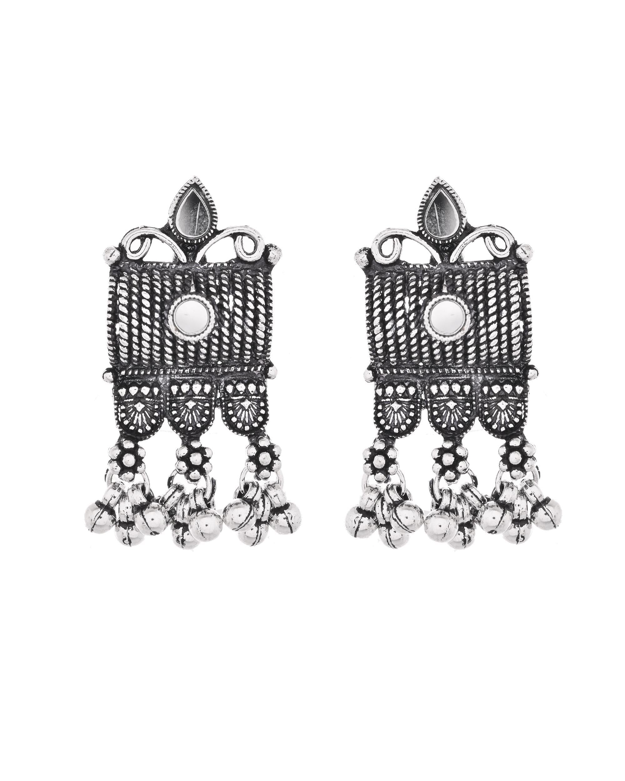 VOJ Oxidized Silver-Plated Stone-Studded Beaded Long Jewellery Set