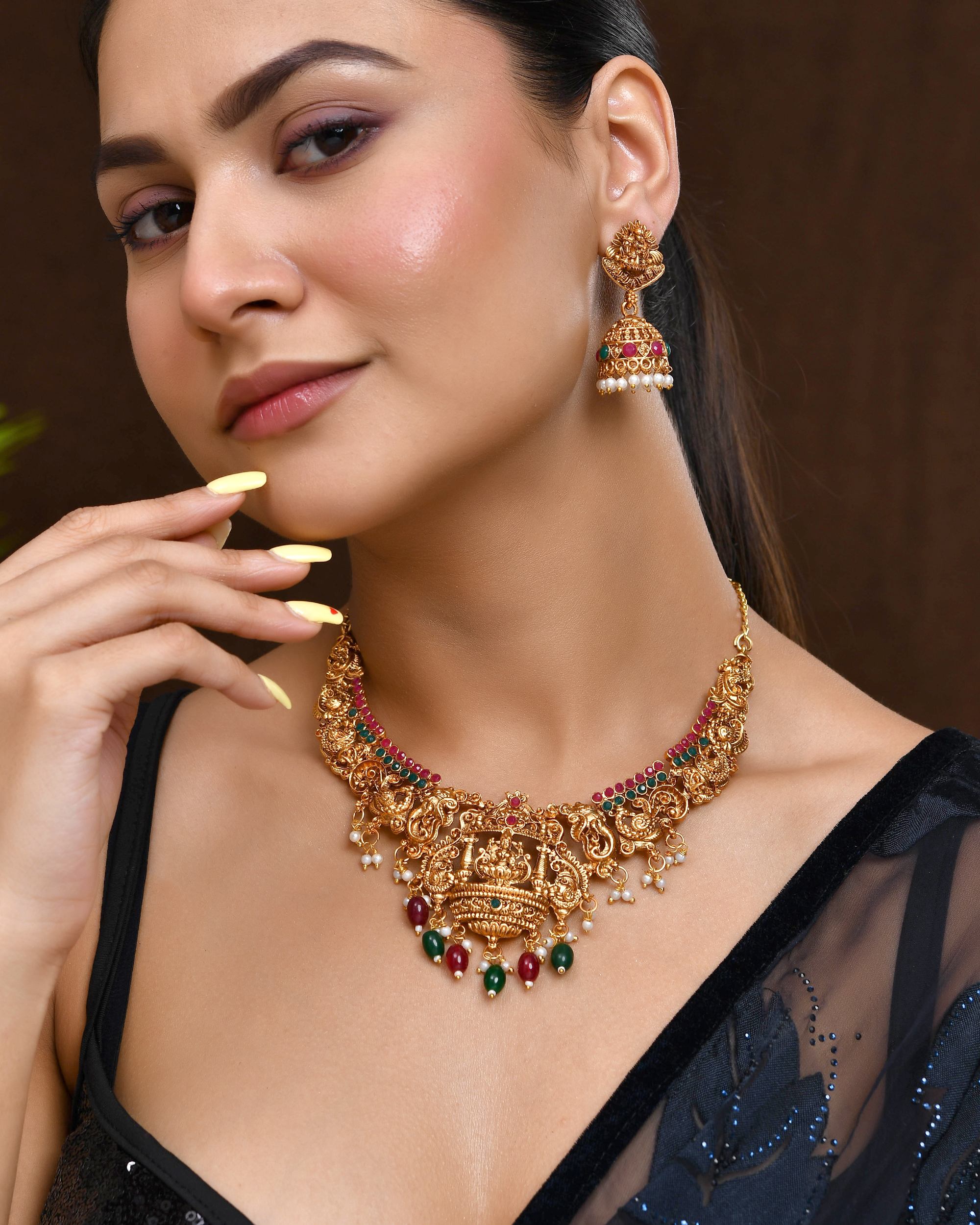 VOJ Gold Polished Beaded Temple Jewellery Set