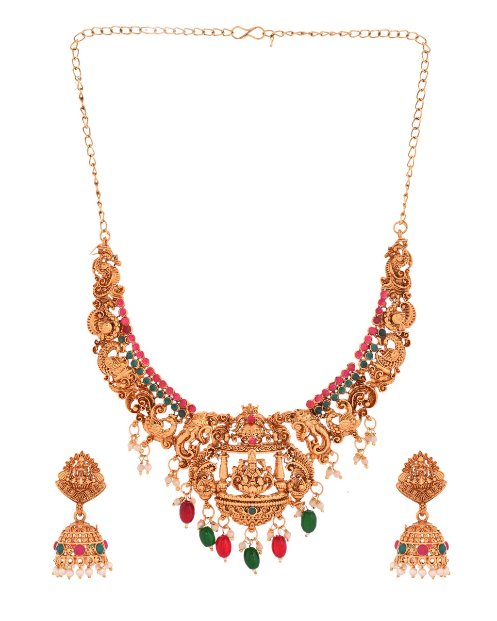 VOJ Gold Polished Beaded Temple Jewellery Set