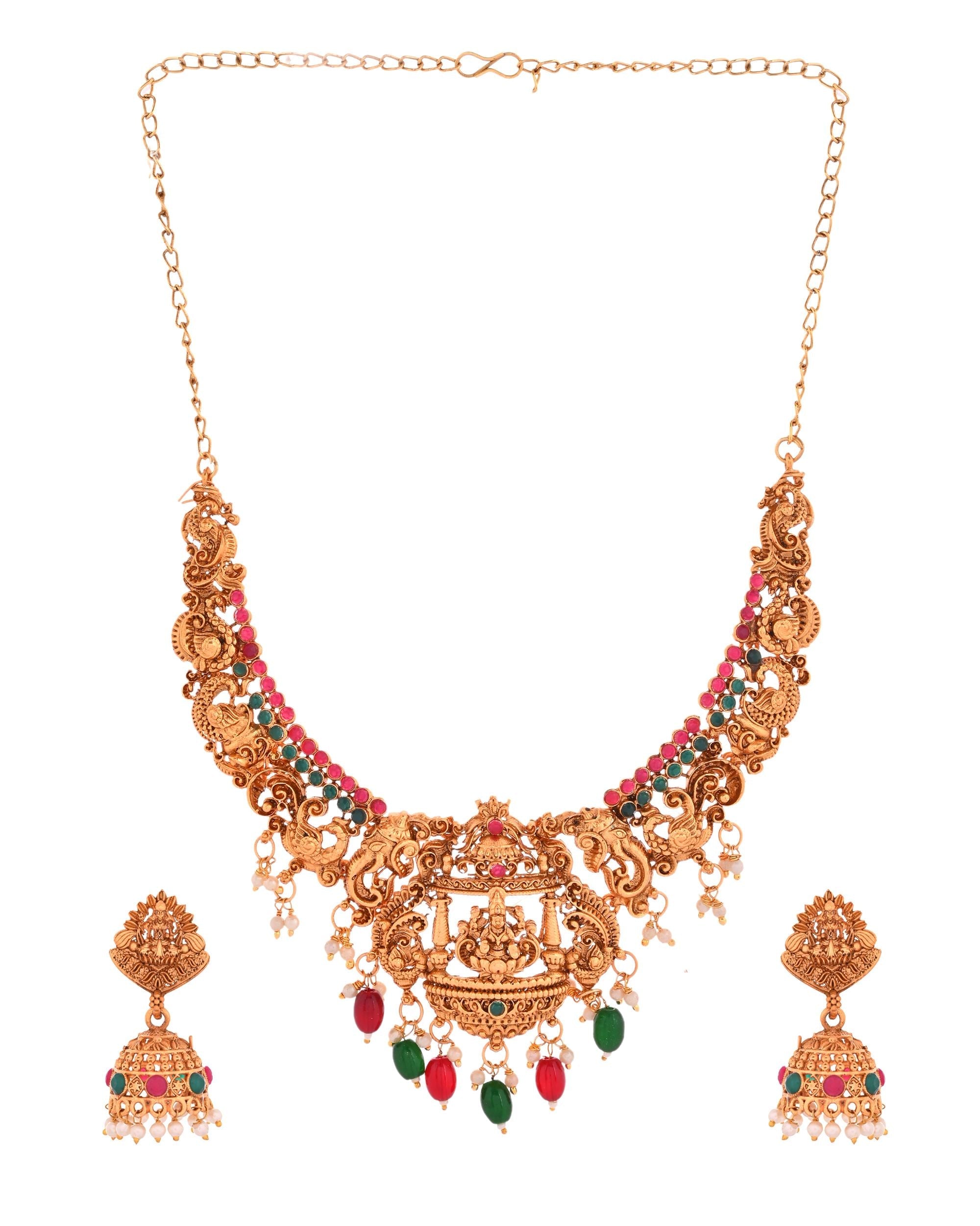 VOJ Gold Polished Beaded Temple Jewellery Set