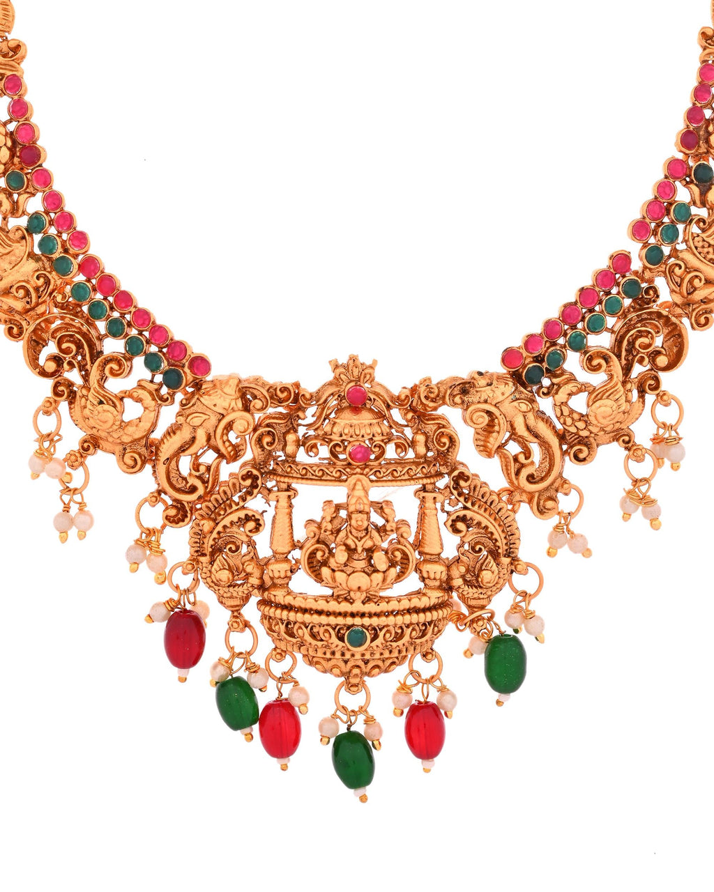 VOJ Gold Polished Beaded Temple Jewellery Set